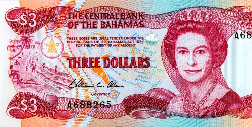 Queen Elizabeth on a Bahamian $3 note