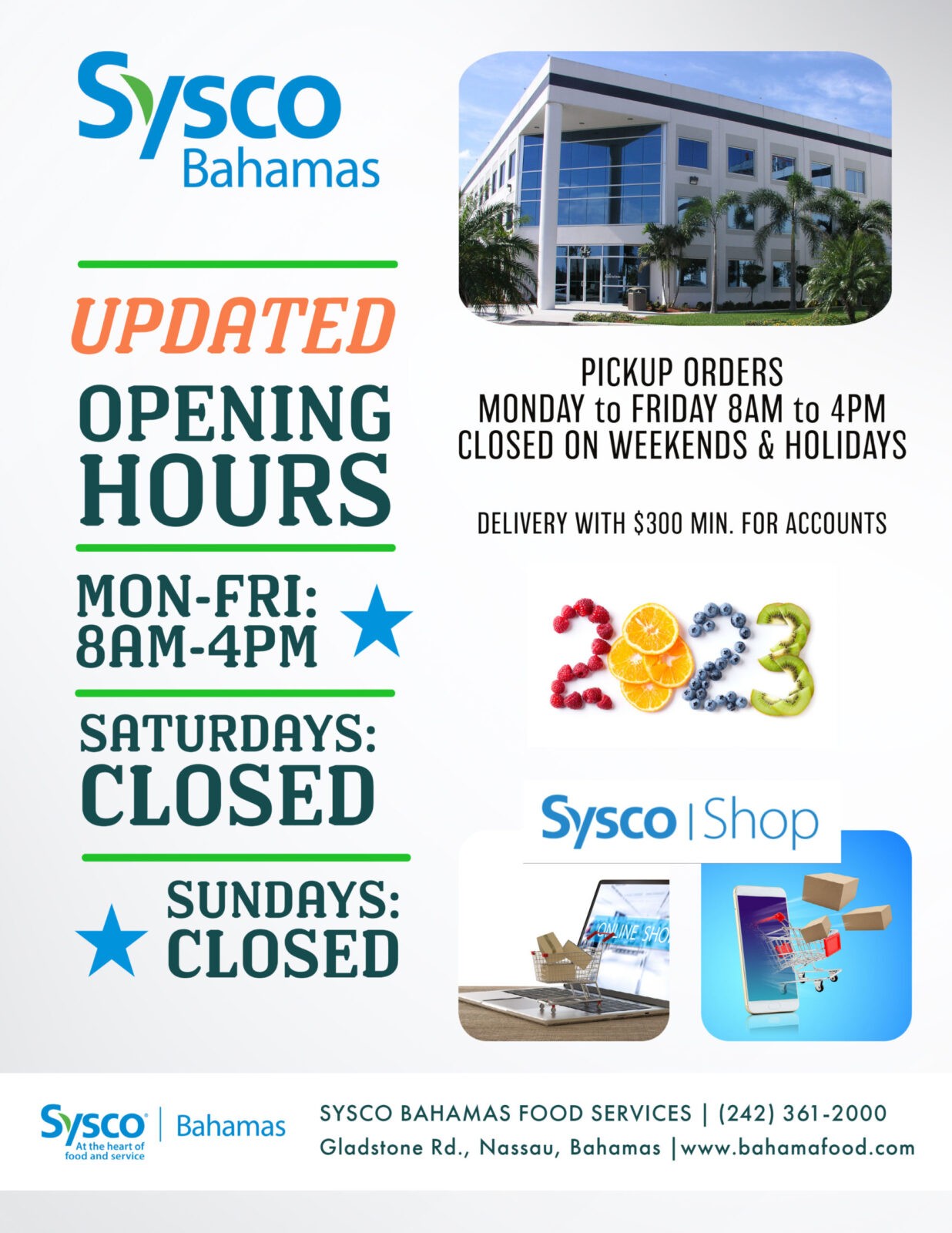 Updated Service Hours at Sysco Bahamas hours 2023 jan